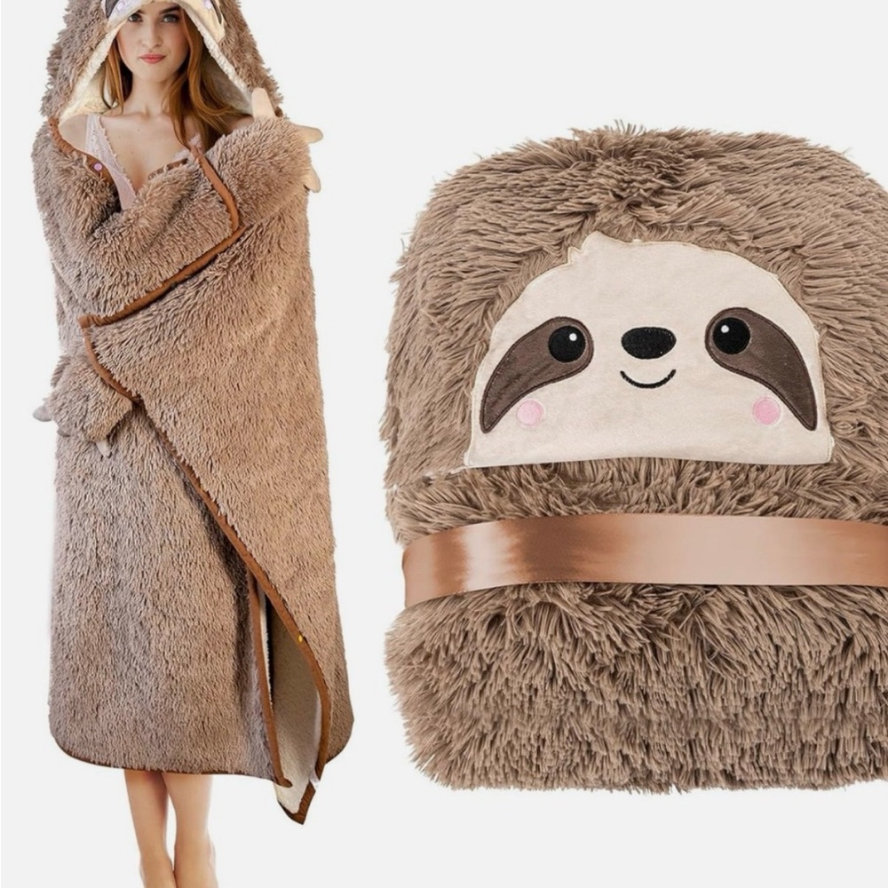 Cozy Sloth Plush Hooded Blanket - Brown fur hoodie for adults